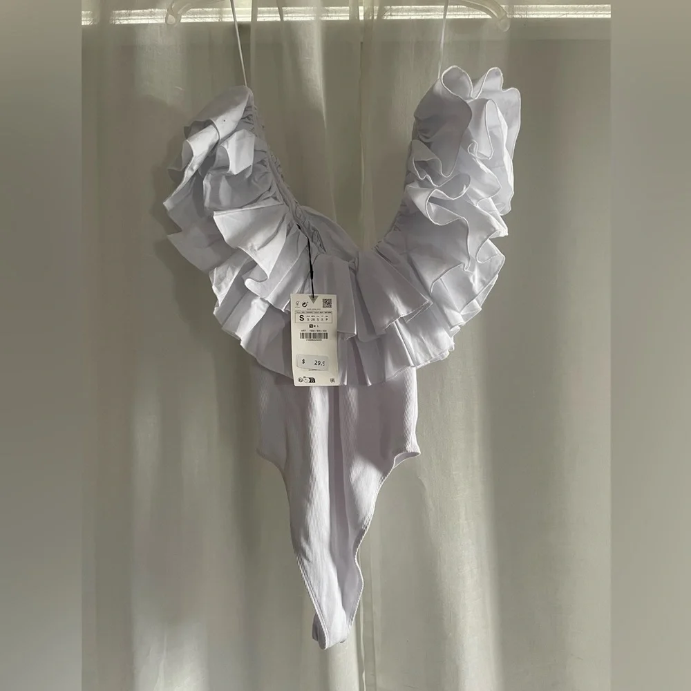Zara Ruffled Rib Bodysuit- White - Picture 3 of 7